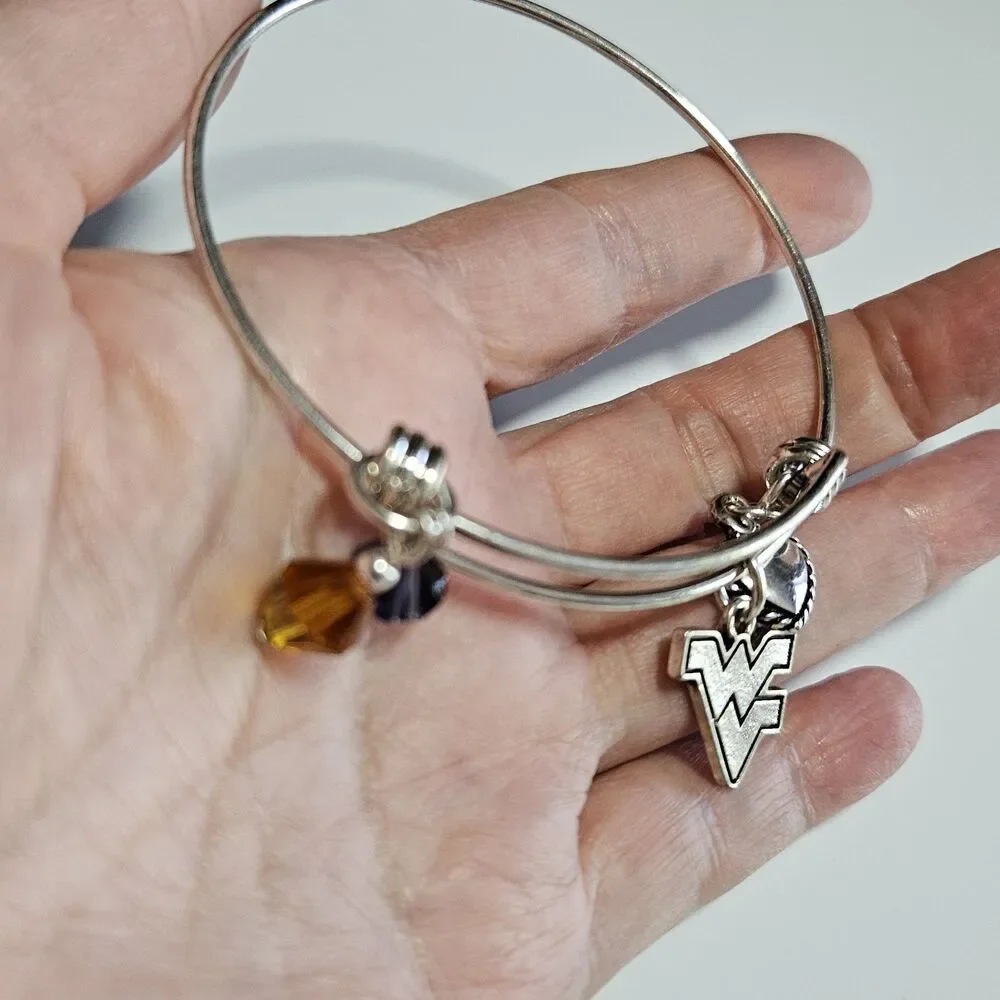 West Virginia Mountaineers Silver Tone Slide Heart Bead Charm Bracelet 7.5